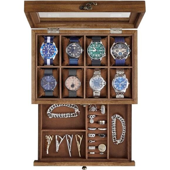 Wood Watch Box 8 Slot Two Tier Display Case Glass Lid Velvet Jewelry Storage - Picture 1 of 7